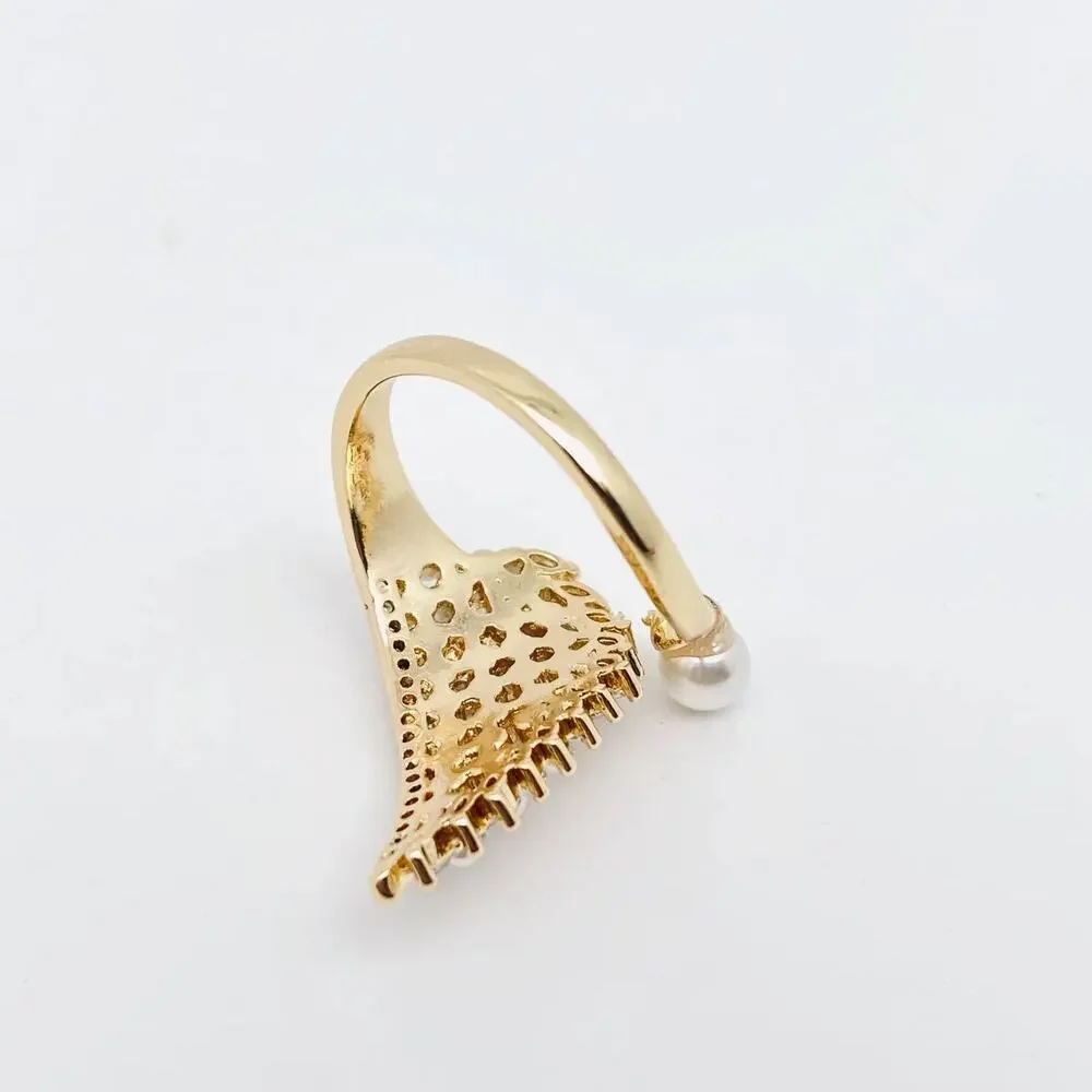 Angel Wings CZ Pearl Adjustable Ring with 18K Gold Plating